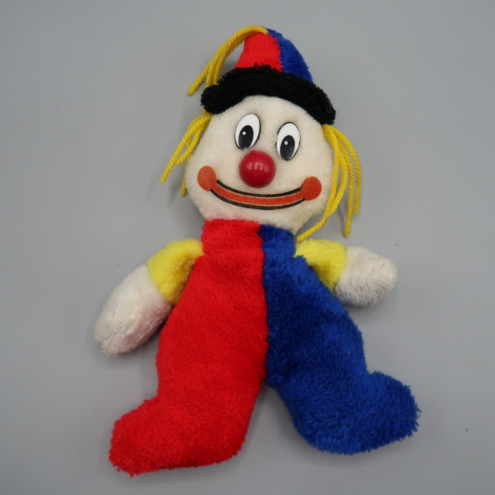 Vintage 80s Primary Colors Clown Plush Bright Colors Hard Nose 10 inches